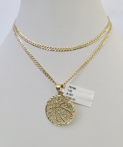 10k Solid Gold Cuban Curb Chain Basket Ball Pendant 2mm 18"-24" SET Necklace