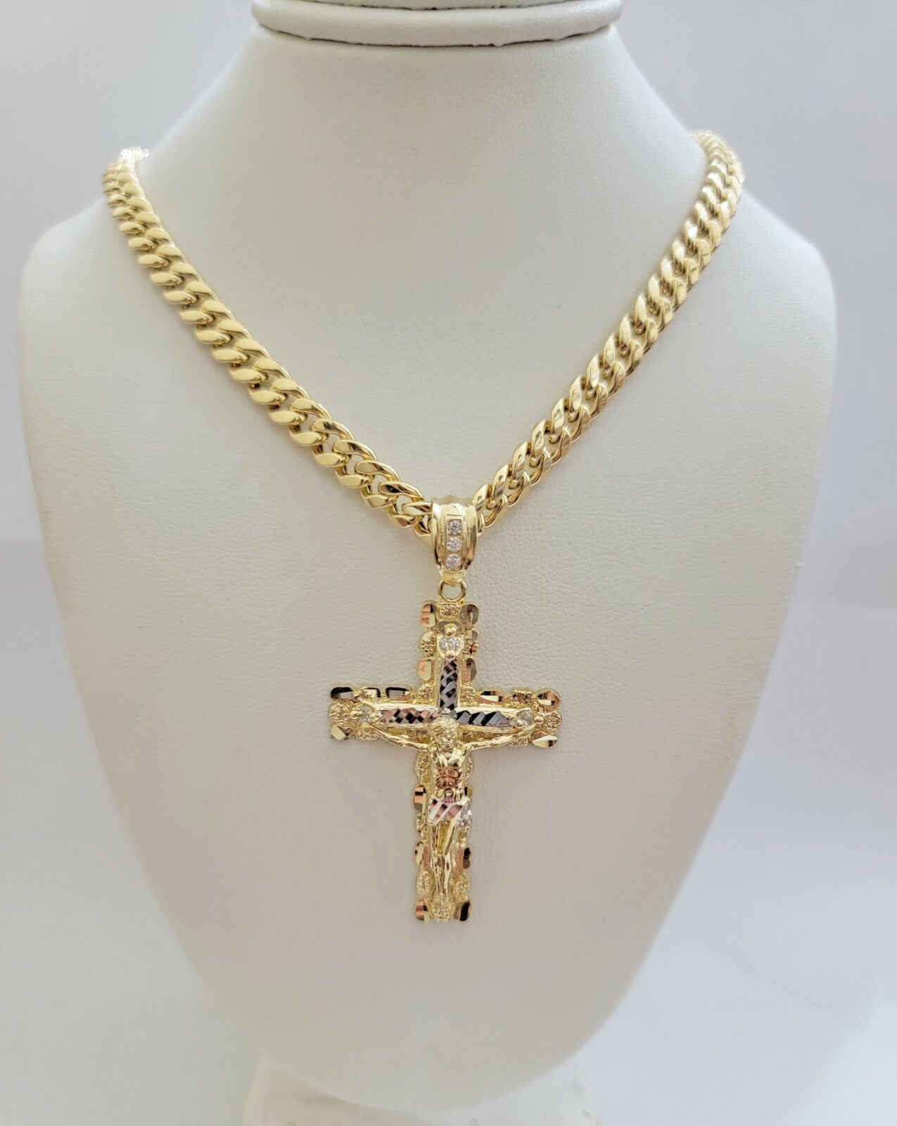 Real 14k Gold Chain Cross Pendant Necklace SET Miami Cuban Link 7mm 22"-28" 14kt