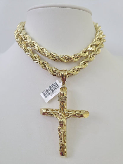 Men's 10K Gold Jesus Cross Charm Necklace 8mm Rope Chain 20–30 Inch Yellow Gold Religious Pendant Set