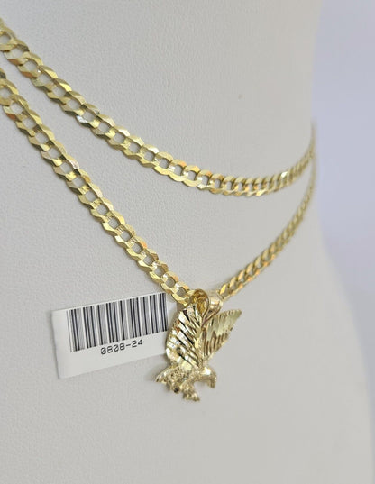 10k Gold Cuban Curb Chain Eagle Charm Solid 4mm 18"-28" SET Necklace Pendant