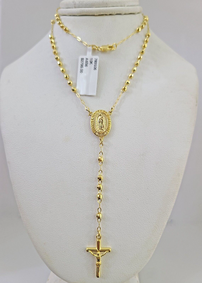 Real 14k Gold Rosary Necklace Jesus Cross Women Diamond Cut Chain 16 INCHES