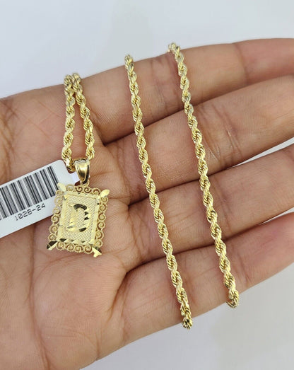 10k Gold Initial D Charm Rope Chain 16"-26" 2.5mm SET Necklace Alphabet Pendant