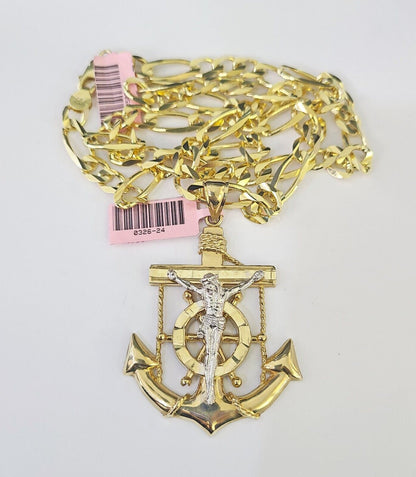 14k Figaro Chain Jesus Anchor Charm Pendant Gold 7mm 20-30 inch SET Necklace