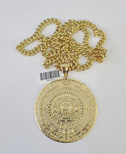 10K Miami Cuban Link Chain Mayan Calendar Pendent Charm 6mm 20"-30" Inch
