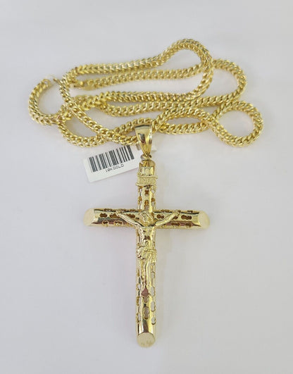 Full display of 10K yellow gold Franco chain with INRI Jesus cross pendant