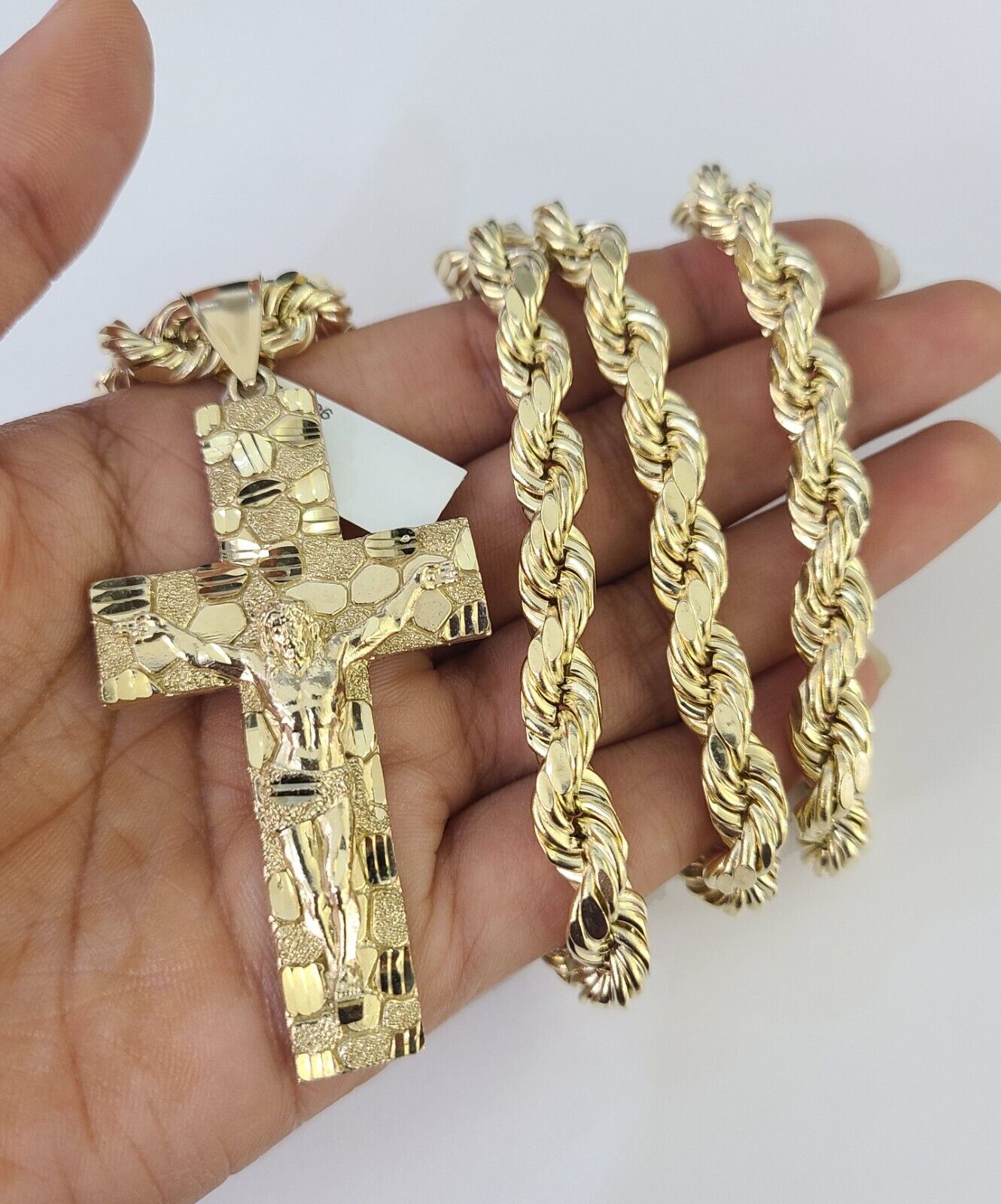 10K Yellow Gold Rope Chain Jesus Cross Pendant Set 8mm Men's Necklace 20–30 Inch Diamond Cut Religious Jewelry