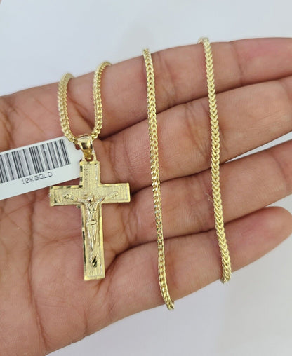 Front view of Jesus cross pendant necklace in 10K gold with Franco chain