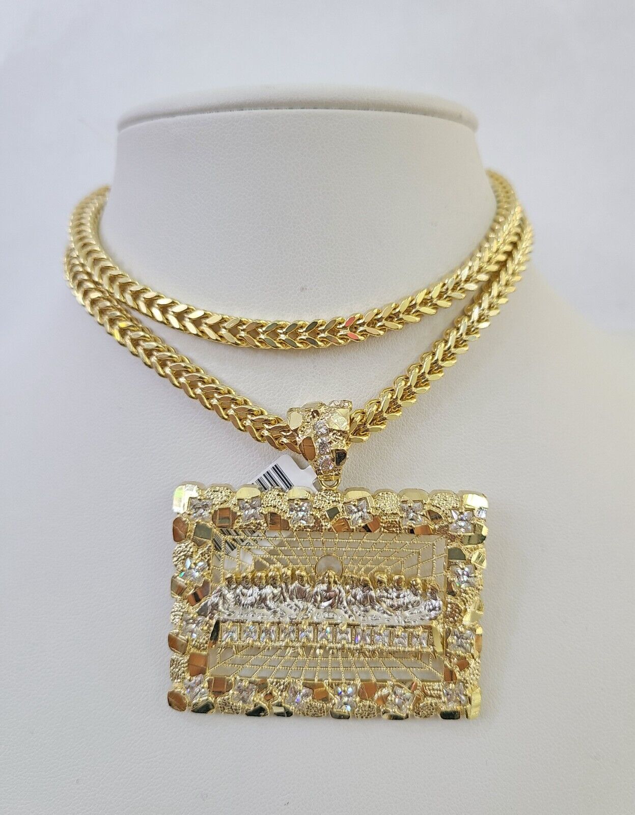 Real 10K Gold Franco Chain Last Supper Pendant Charm Necklace 20"-26" 5mm Gold SET