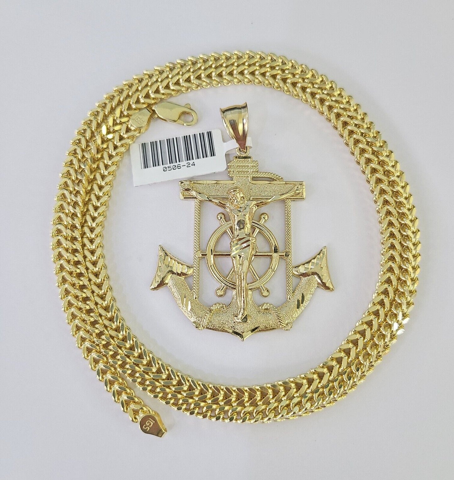 Front view of Jesus anchor pendant necklace in 10K gold with Franco chain