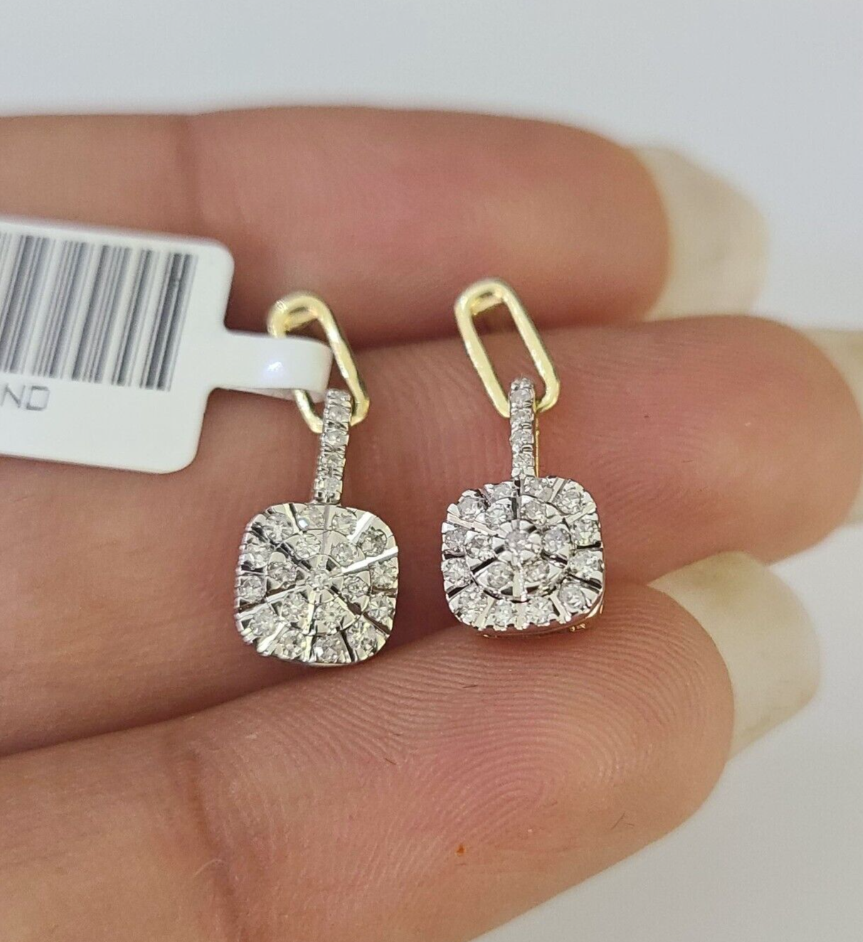 10k Diamond Cushion Earrings Ladies Drop Yellow gold Real Screw-Back studs / Women