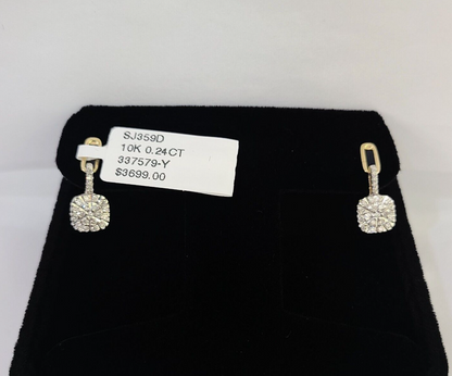 10k Diamond Cushion Earrings Ladies Drop Yellow gold Real Screw-Back studs / Women