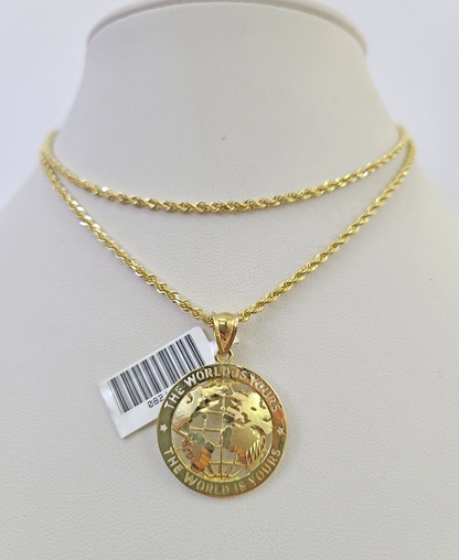 10k Solid Rope Chain 2mm World is Yours Pendant Necklace SET 18-22 in Ladies