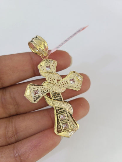 Real 14k Chain Cross Charm Set Miami Cuban Link 4mm Necklace Pendant 20"