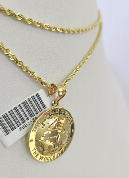 10k Solid Rope Chain 2mm World is Yours Pendant Necklace SET 18-22 in Ladies