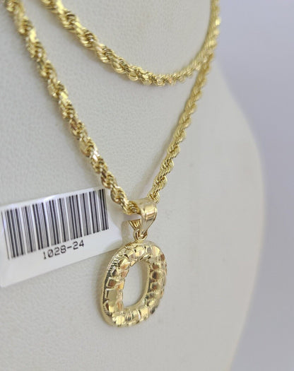 10k Gold Initial O Charm Rope Chain 16"-26" 2.5mm SET Necklace Alphabet Pendant