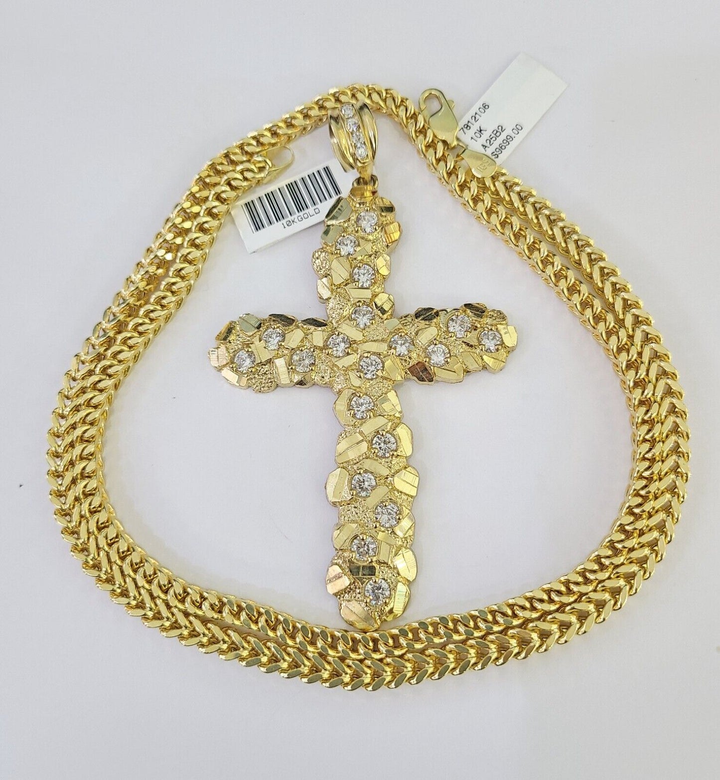 10K yellow gold Jesus cross pendant and Franco chain necklace set by Reva Jeweler