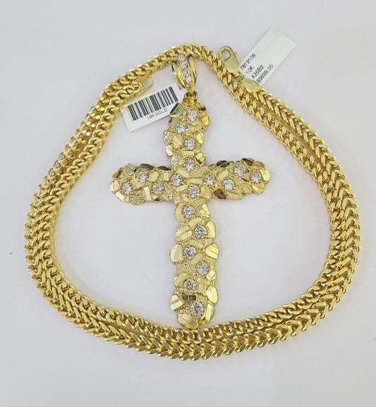 10K yellow gold Jesus cross pendant and Franco chain necklace set by Reva Jeweler