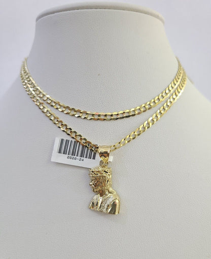 10k Gold Cuban Curb Chain Jesus Head Charm Solid 4mm 18"-28" SET Necklace