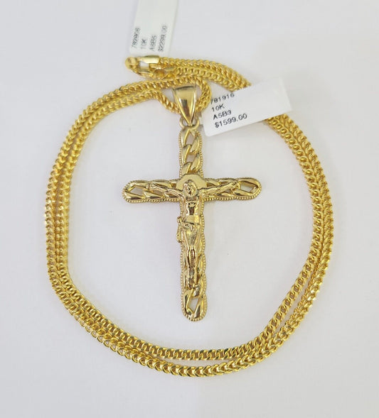 10K Gold Franco Chain Jesus Cross Charm Pendant 20-26 inches 2.5mm REAL Yellow
