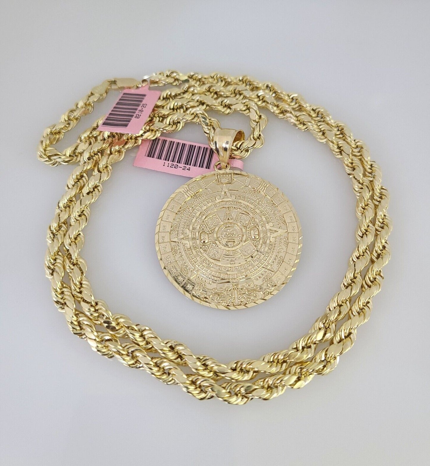 14k Gold Rope Chain Necklace Set 6mm Mayan Calendar Charm Pendant 18"-28" inch
