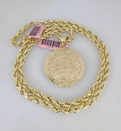 14k Gold Rope Chain Necklace Set 6mm Mayan Calendar Charm Pendant 18"-28" inch