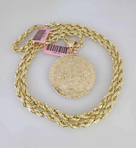 14k Gold Rope Chain Necklace Set 6mm Mayan Calendar Charm Pendant 18"-28" inch