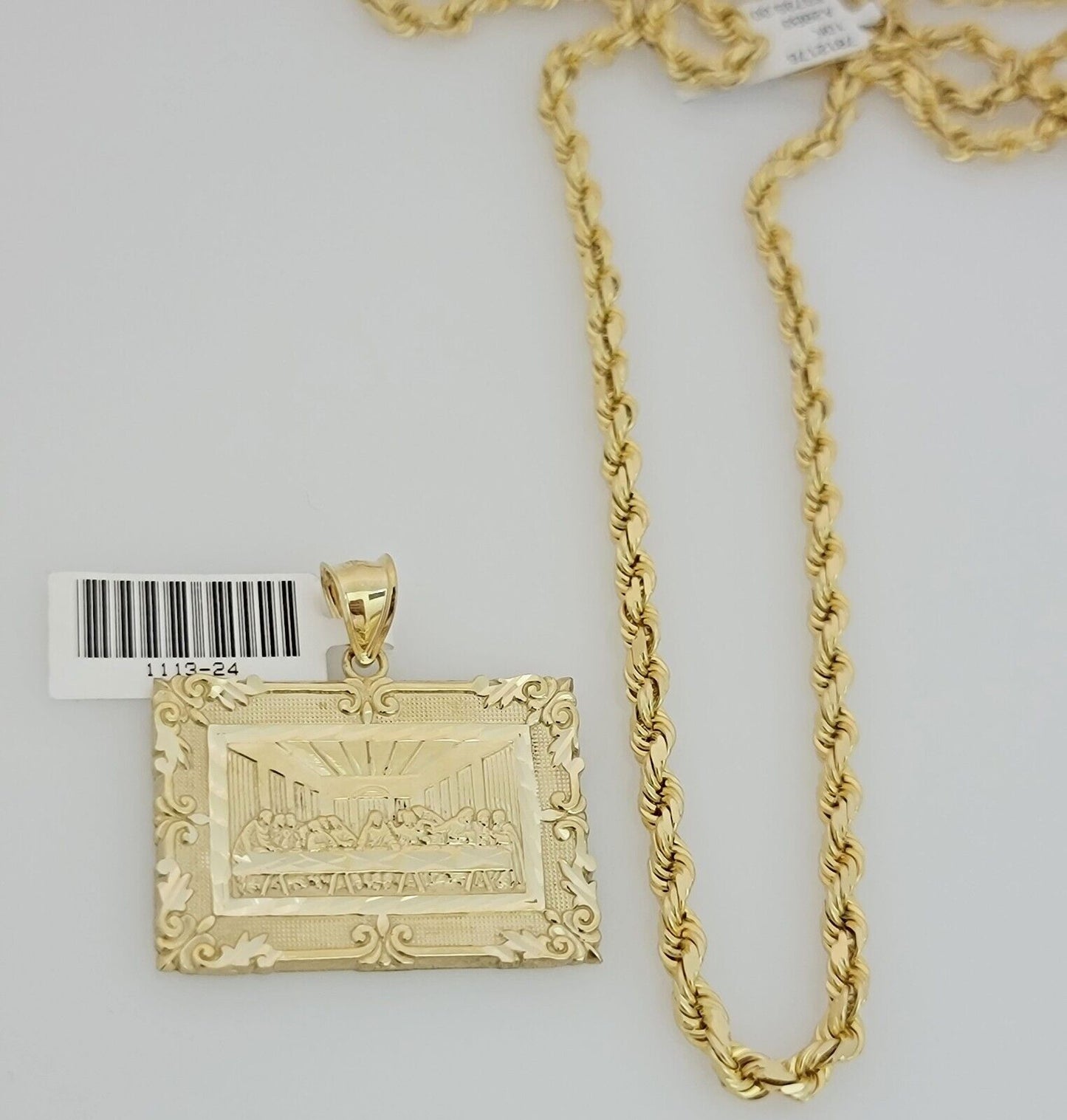 Real 10k Gold Chain Solid Rope Necklace Pendant SET Last supper Charm 4mm 24"