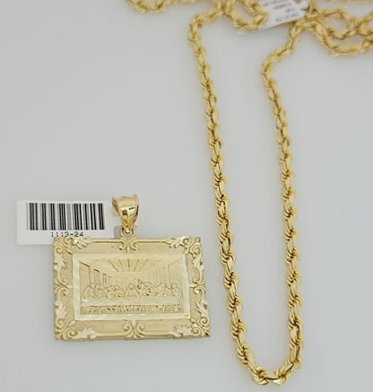 Real 10k Gold Chain Solid Rope Necklace Pendant SET Last supper Charm 4mm 24"