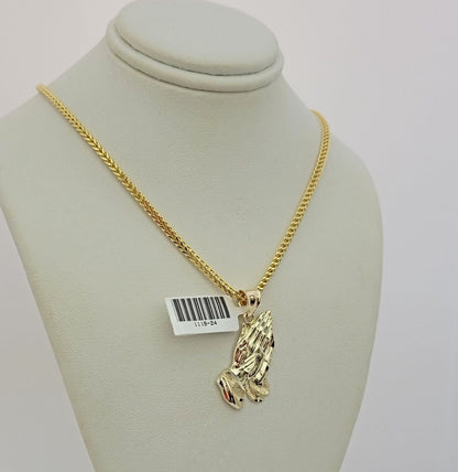 Real 10k Gold Franco Chain Praying Hand Charm pendant Set 2.5mm Necklace 24 Inch