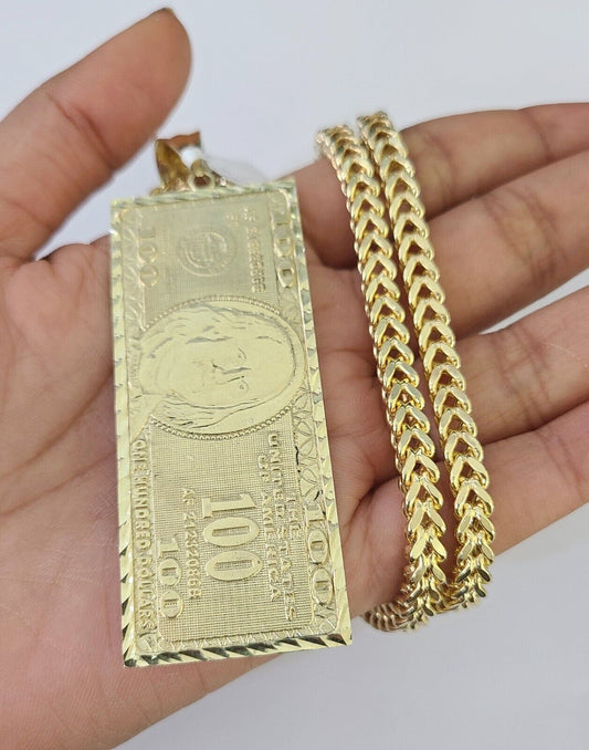 10K gold Franco chain necklace with 100 dollar money pendant charm (20–26 inch, 5mm) by Reva Jeweler