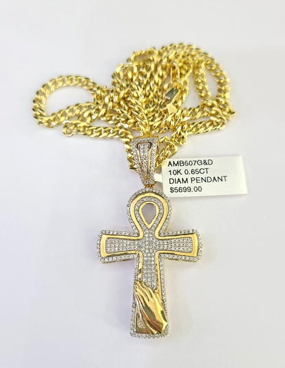 10k Miami Cuban Chain Diamond Jesus Cross Charm Set 4mm 18"-28" Necklace Gold