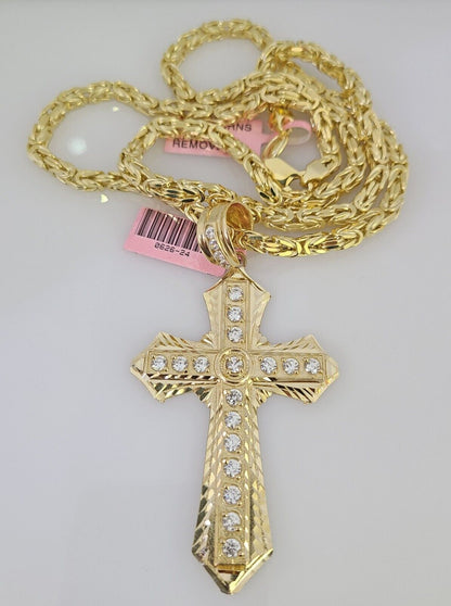 14K Gold Necklace Chain Jesus Cross Charm Turkish Byzantine 4mm 24" Pendant