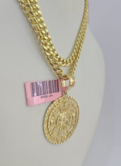14k Chain Mayan Calendar Charm Set Miami Cuban Link 5mm 18"-30" Necklace Pendant