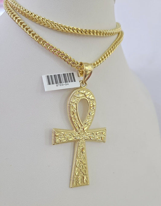 10K Franco Chain Jesus Ankh Cross Pendant Charm Necklace 20"-28" 4mm Gold Yellow