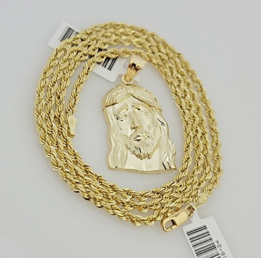Real 10k Gold Rope Chain Jesus Head Charm Pendant Set 3mm Necklace 18"-26" SOLID