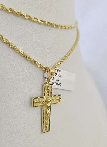 10k Solid Rope Chain 2mm Jesus Crucifix Cross Pendant Charm Necklace SET 18-24"