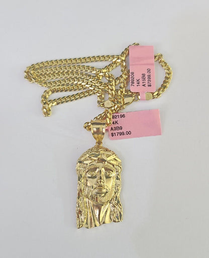 Real 14k Solid Chain Jesus Head Charm Set Miami Cuban 3mm Necklace Pendant