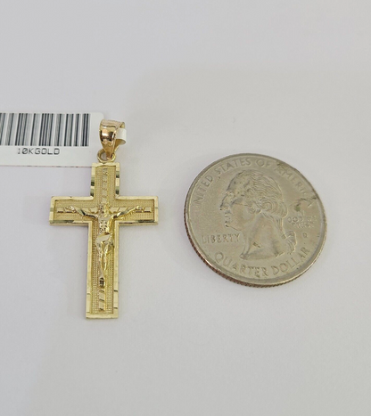 10k Solid Gold Cuban Curb Chain Jesus Cross Pendant 2mm 18"-24" SET Necklace