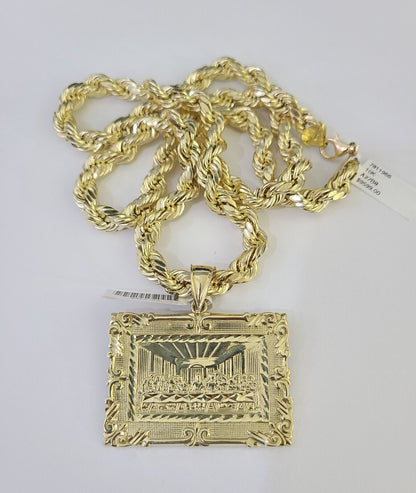 Real 10k Rope Chain Last Supper Charm Set 8mm 20"-30" Inch Necklace Gold