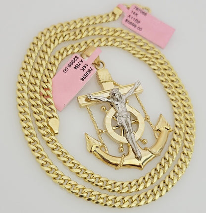 Real 14k Gold Pendant Chain SET Miami Cuban Link 5mm 26" Necklace Anchor Charm