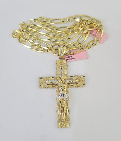 14k Figaro Chain Jesus Cross Charm Pendant Gold 7mm 20-30 inch SET Necklace