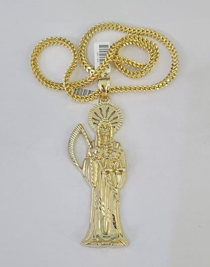 Close-up detailed view of 10K yellow gold Saint Reaper pendant charm