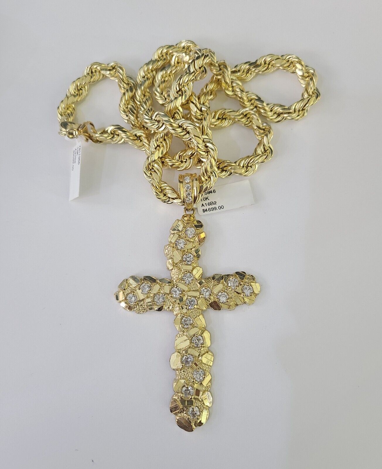 10K Gold Rope Chain Necklace with Jesus Cross Charm 8mm 20–30 Inch for Men Yellow Gold Jewelry