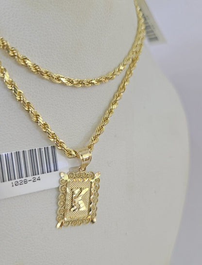 10k Gold Initial K Charm Rope Chain 16"-26" 2.5mm SET Necklace Alphabet Pendant