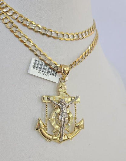 10k Solid Gold Cuban Curb Chain Jesus Anchor Pendant 6mm 20"-30" SET Necklace