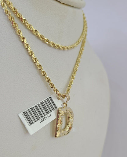 10k Gold Initial D Charm Rope Chain 16"-26" 2.5mm SET Necklace Alphabet Pendant