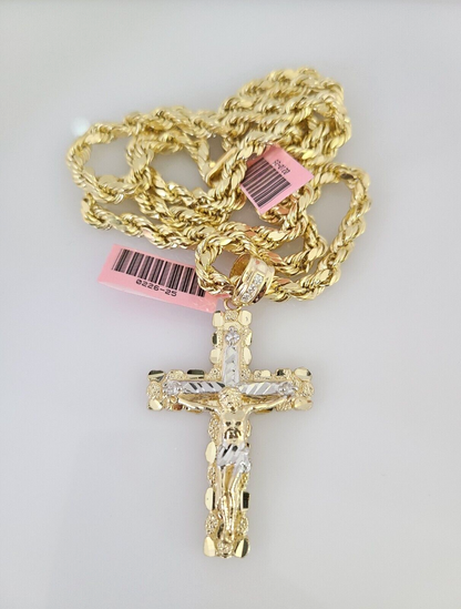 14k Gold Rope Chain Necklace Set 6mm Nugget Cross Charm Pendant 18"-28" inch