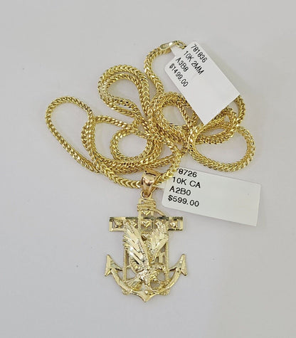 Polished 10K gold eagle anchor pendant necklace with chain links