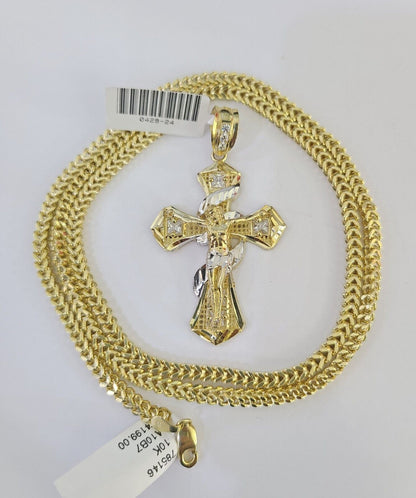 Luxury 10K gold Franco chain necklace with Jesus cross pendant by Reva Jeweler