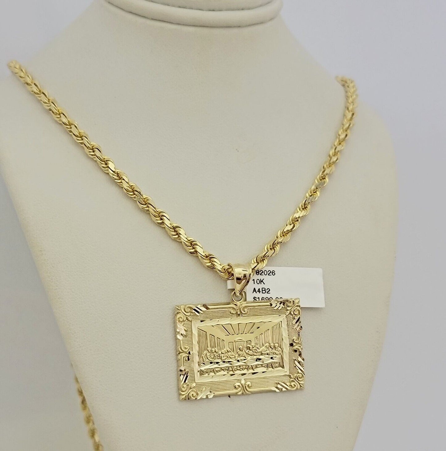 Real 10k Gold Chain Solid Rope Necklace Pendant SET Last supper Charm 4mm 24"